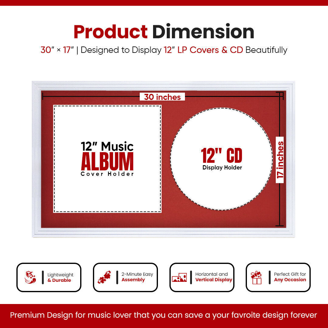 30X17" White Step Vinyl Record Frame For Side-by-Side 12" LP Cover & Disc With Crimson Mount - For Music Lovers