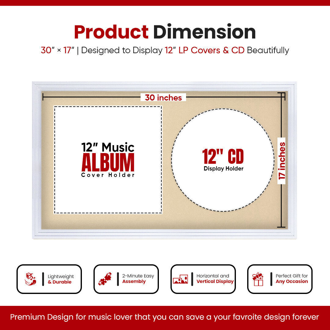 30X17" White Step Vinyl Record Frame With Ivory Mount For Side-by-Side 12" LP Cover & Disc