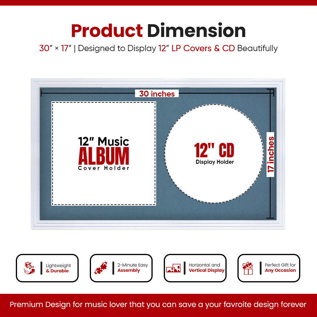 30X17" White Step Vinyl Record Frame With Pompador Mount For Side-by-Side 12" LP Cover & Disc
