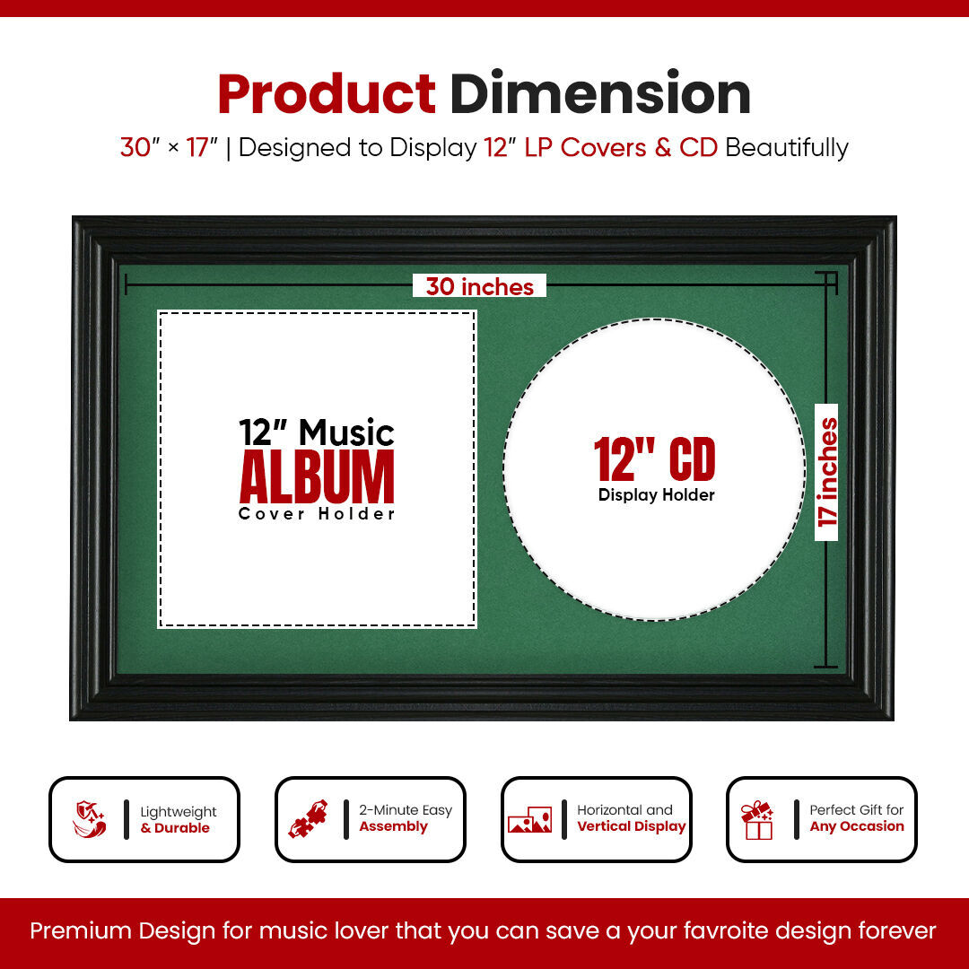 30X17" Black Swept Vinyl Record Frame With Emerald (Green) Mount For Side-by-Side 12" LP Cover & Disc - Elegant Wall Display
