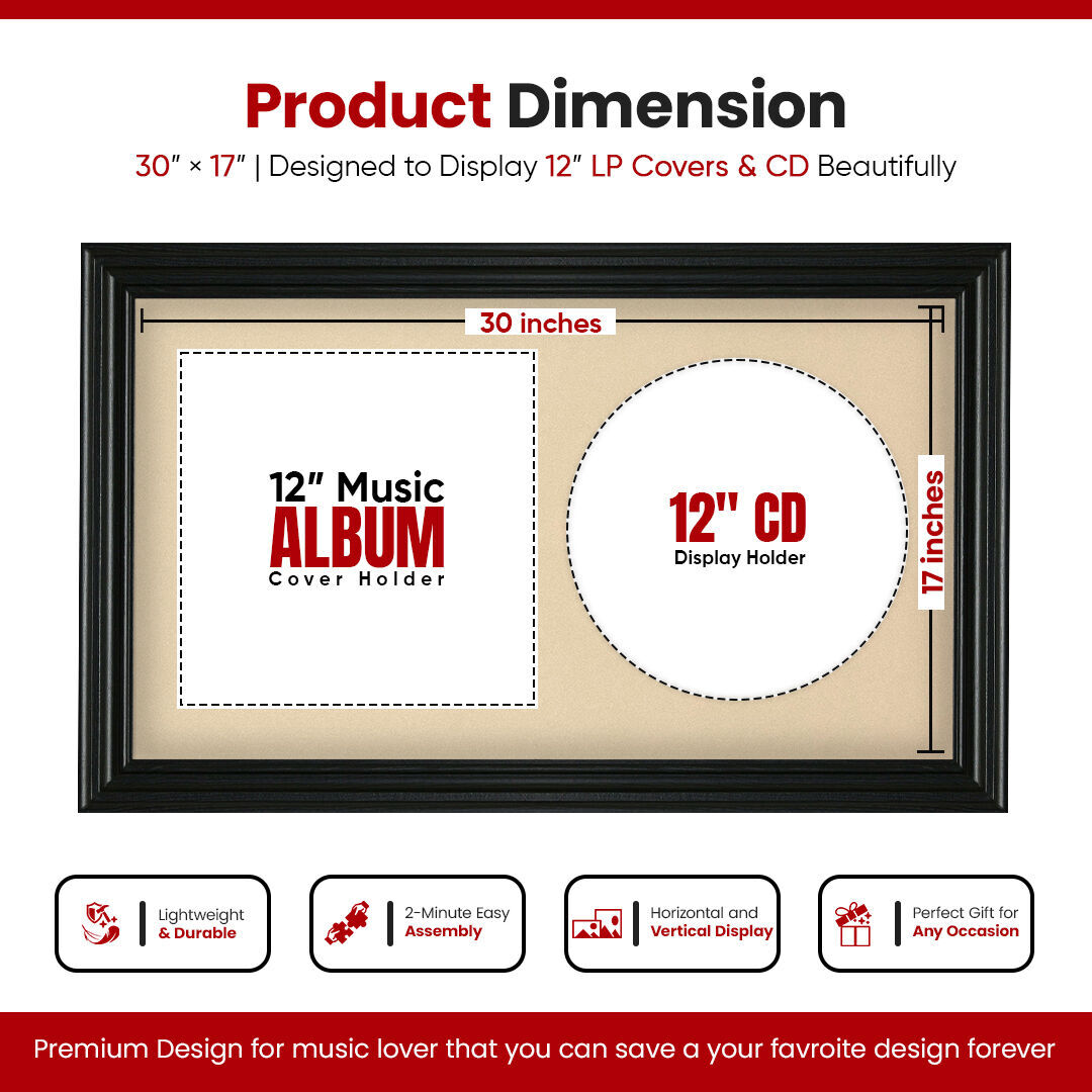 30X17" Black Swept Vinyl Record Frame With Ivory Mount For Side-by-Side 12" LP Cover & Disc