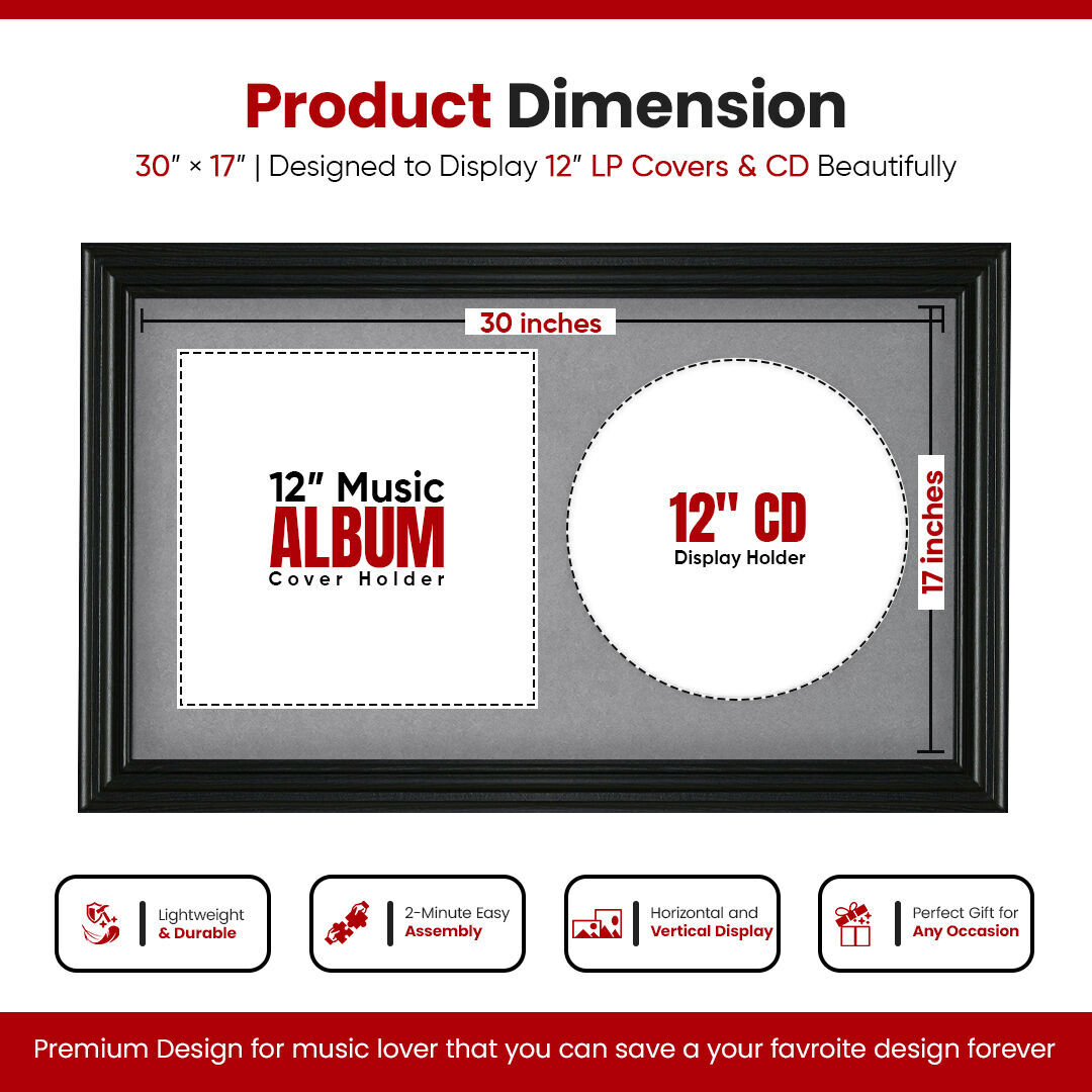 30X17" Black Swept Vinyl Record Frame For Side-by-Side 12" LP Cover & Disc With Mid Grey Mount - For Music Lovers