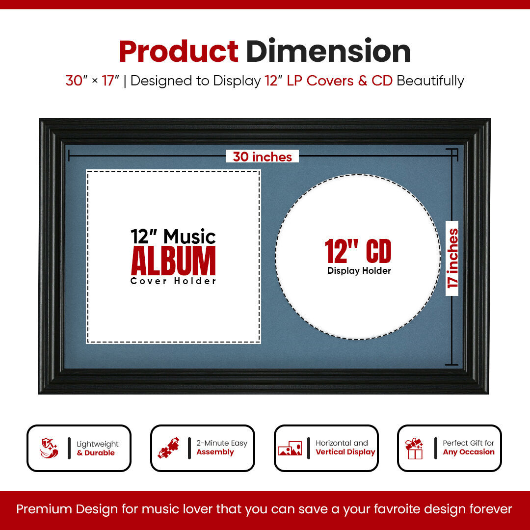 30X17" Black Swept Vinyl Record Frame With Pompador Mount For Side-by-Side 12" LP Cover & Disc