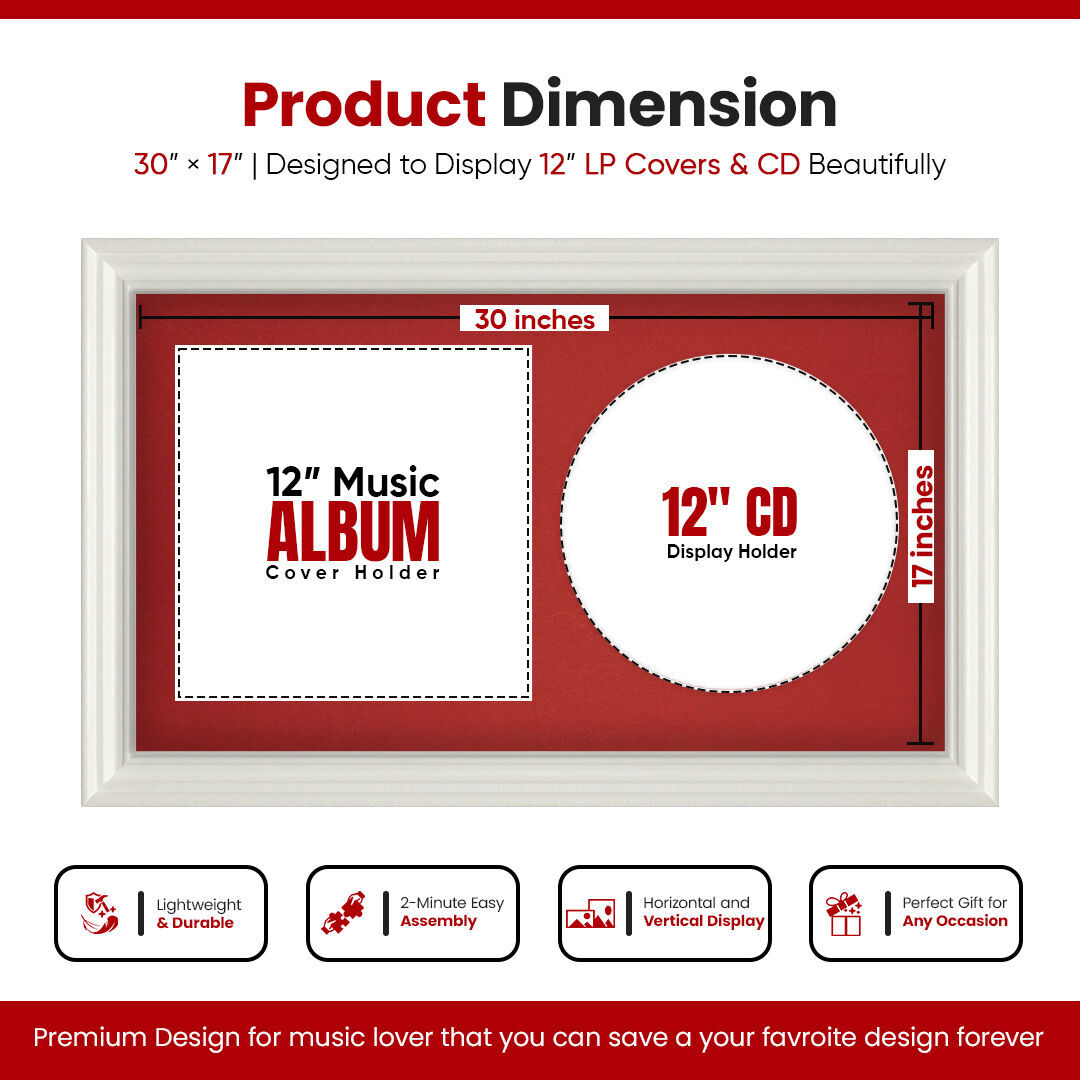 30X17" White Swept Vinyl Record Frame With Crimson Mount For Side-by-Side 12" LP Cover & Disc - Elegant Wall Display
