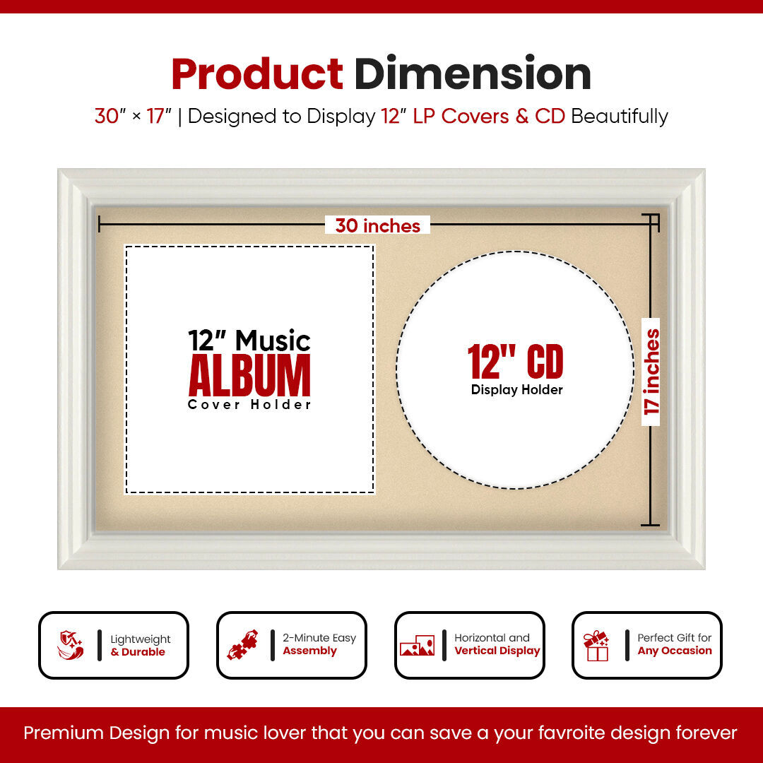 30X17" White Swept Vinyl Record Frame With Ivory Mount For Side-by-Side 12" LP Cover & Disc