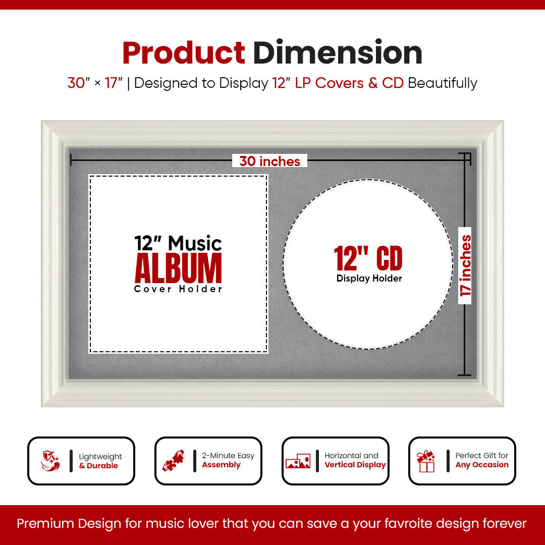 30X17" White Swept Vinyl Record Frame With Mid Grey Mount For Side-by-Side 12" LP Cover & Disc - Elegant Wall Display