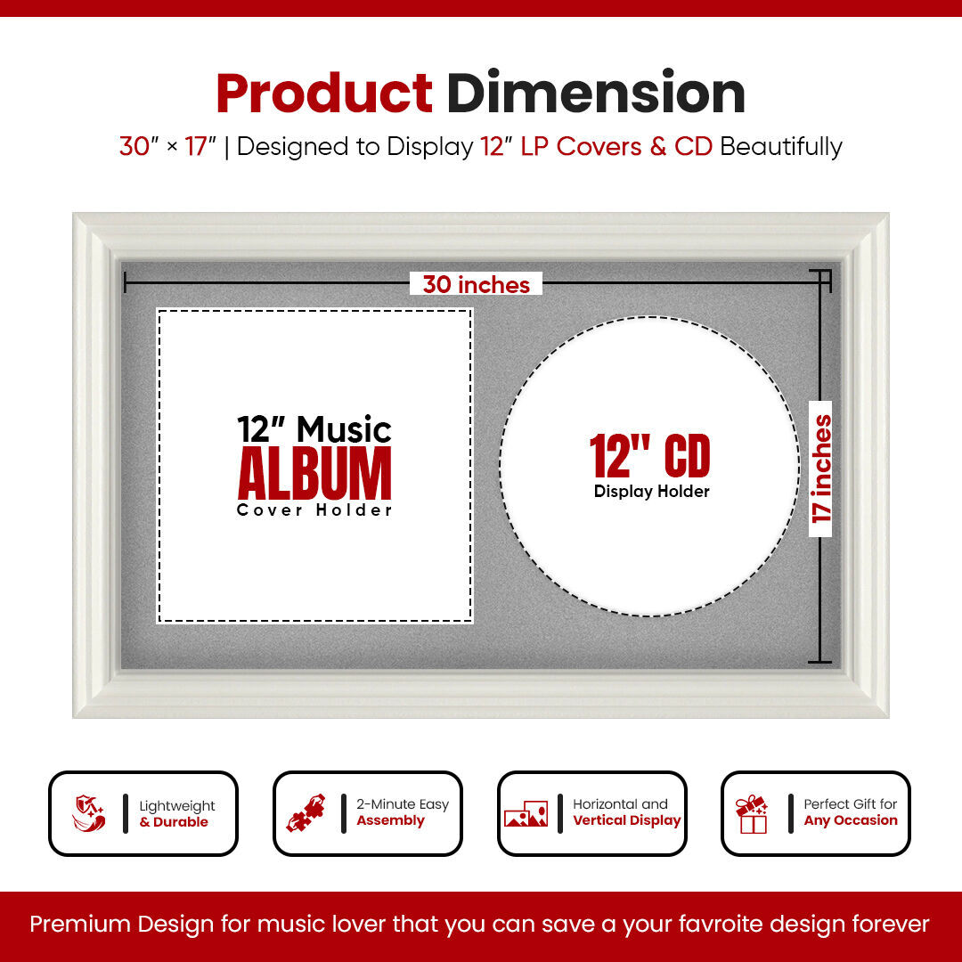 30X17" White Swept Vinyl Record Frame For Side-by-Side 12" LP Cover & Disc With Silver Mount - For Music Lovers