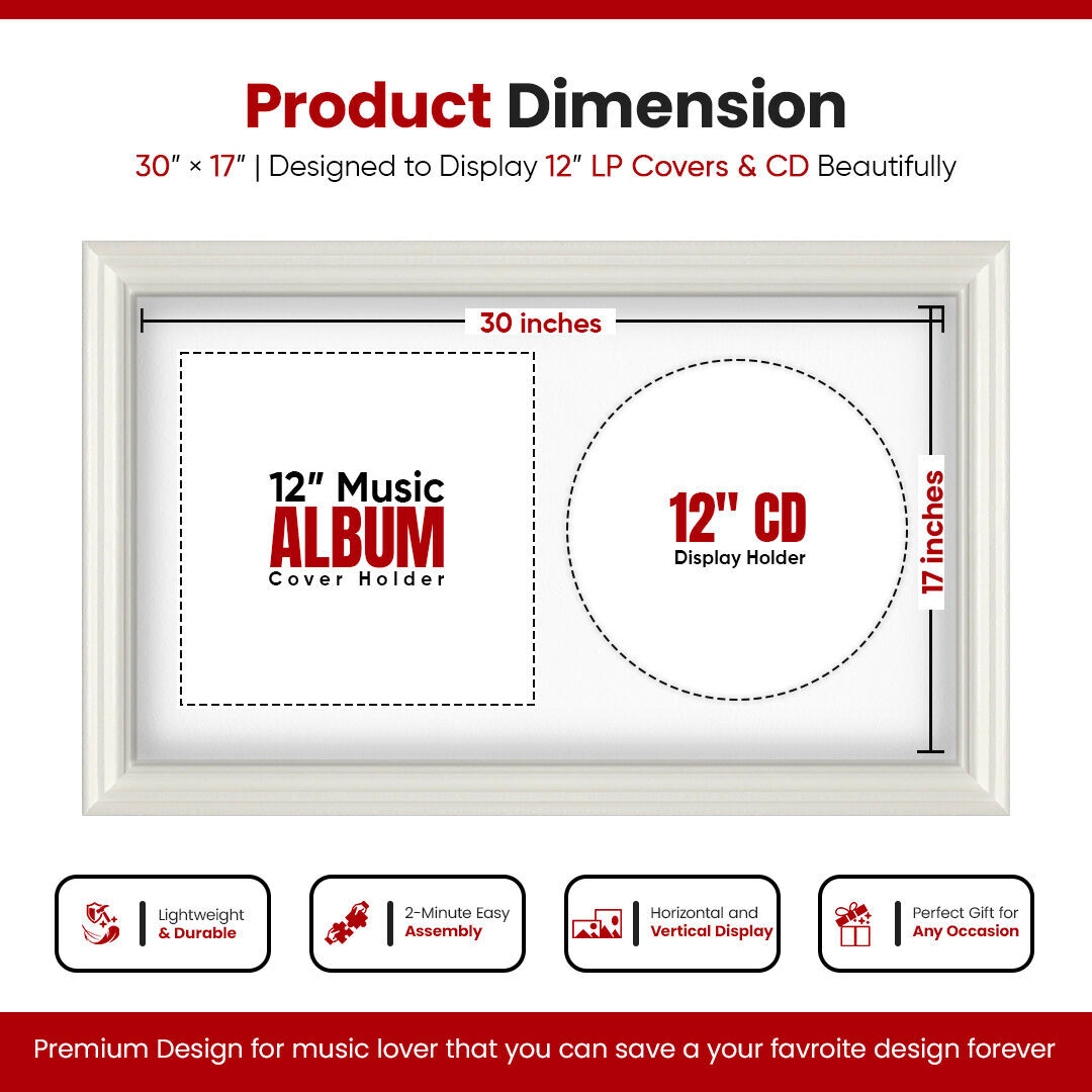 30X17" White Swept Vinyl Record Frame For Side-by-Side 12" LP Cover & Disc With Ice White Mount - For Music Lovers